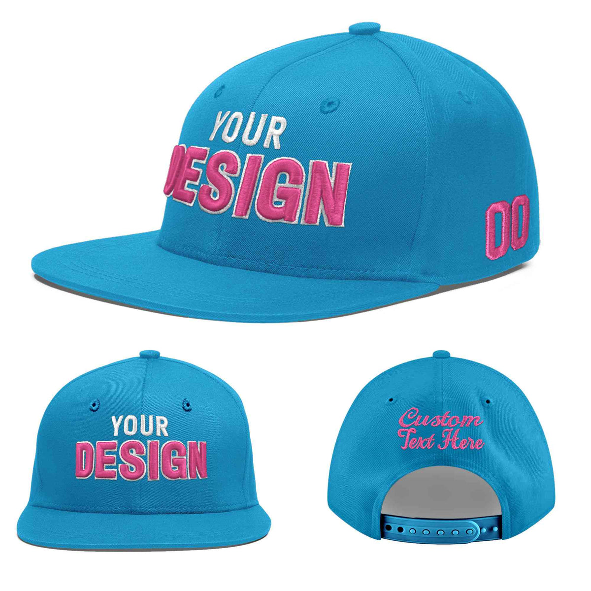 Custom Light Blue 3D Puff Embroidery Flat Embroidery Casual Sport Baseball Cap