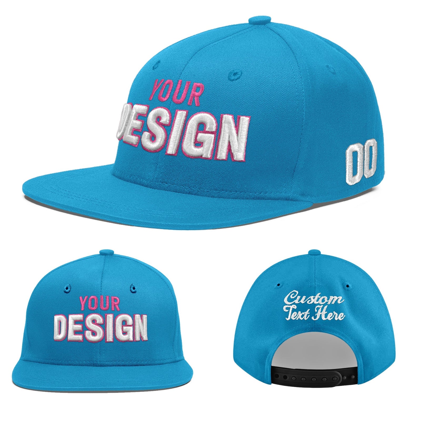 Custom Light Blue 3D Puff Embroidery Flat Embroidery Casual Sport Baseball Cap