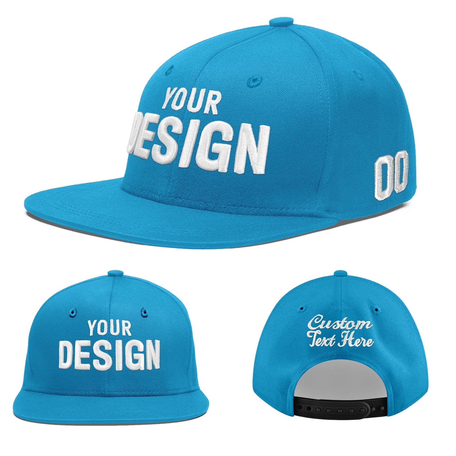 Custom Light Blue 3D Puff Embroidery Flat Embroidery Casual Sport Baseball Cap