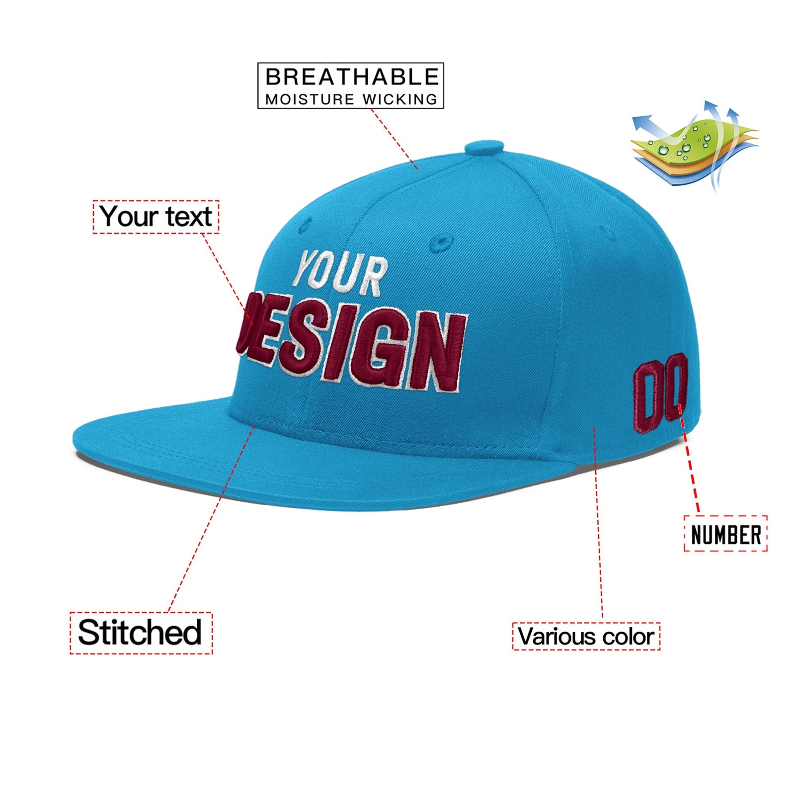 Custom Light Blue 3D Puff Embroidery Flat Embroidery Casual Sport Baseball Cap