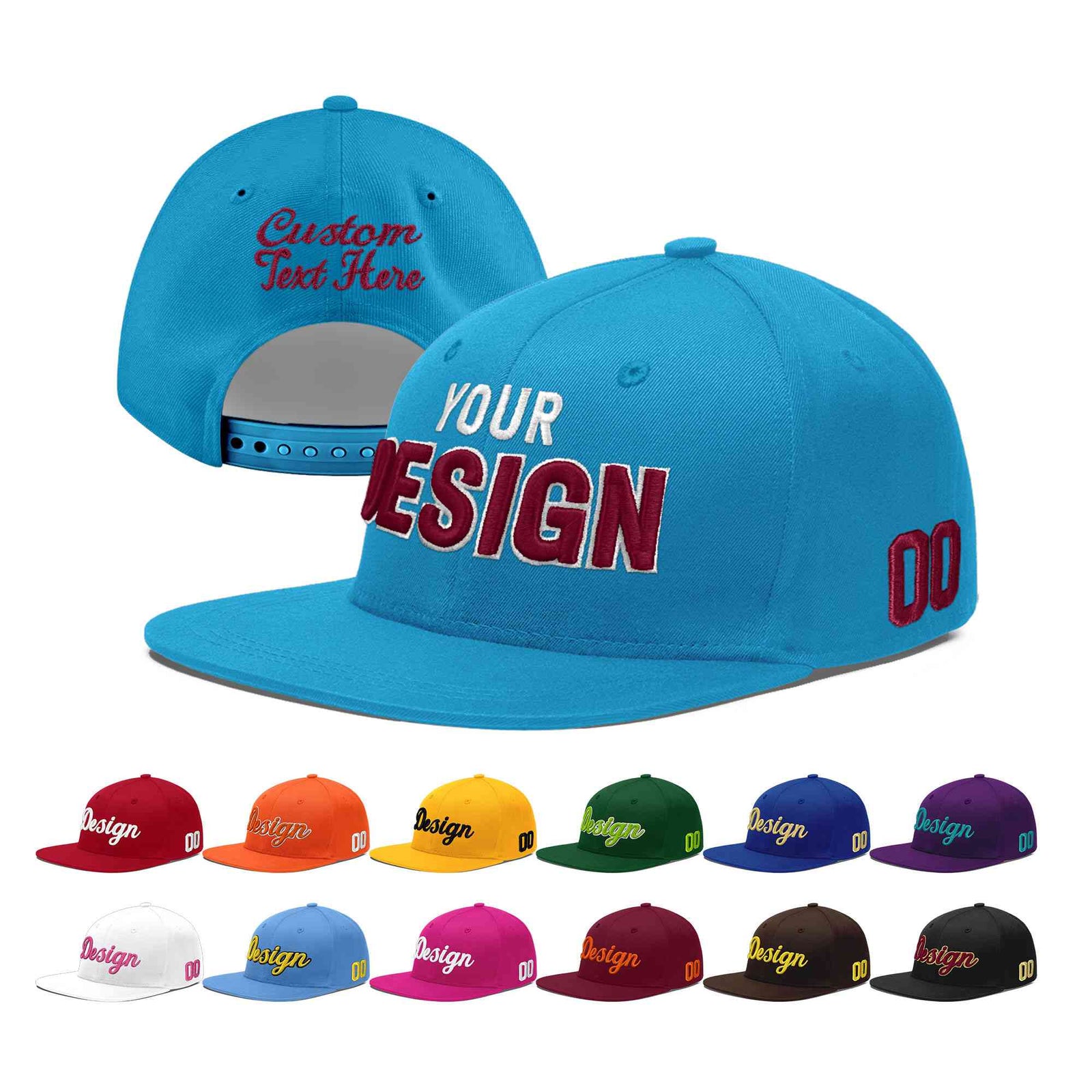 Custom Light Blue 3D Puff Embroidery Flat Embroidery Casual Sport Baseball Cap