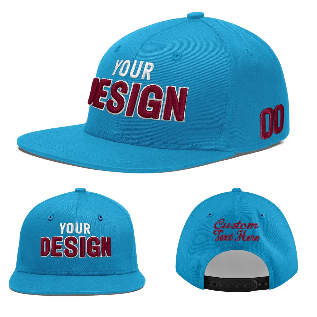 Custom Light Blue 3D Puff Embroidery Flat Embroidery Casual Sport Baseball Cap
