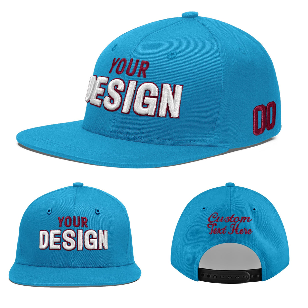 Custom Light Blue 3D Puff Embroidery Flat Embroidery Casual Sport Baseball Cap
