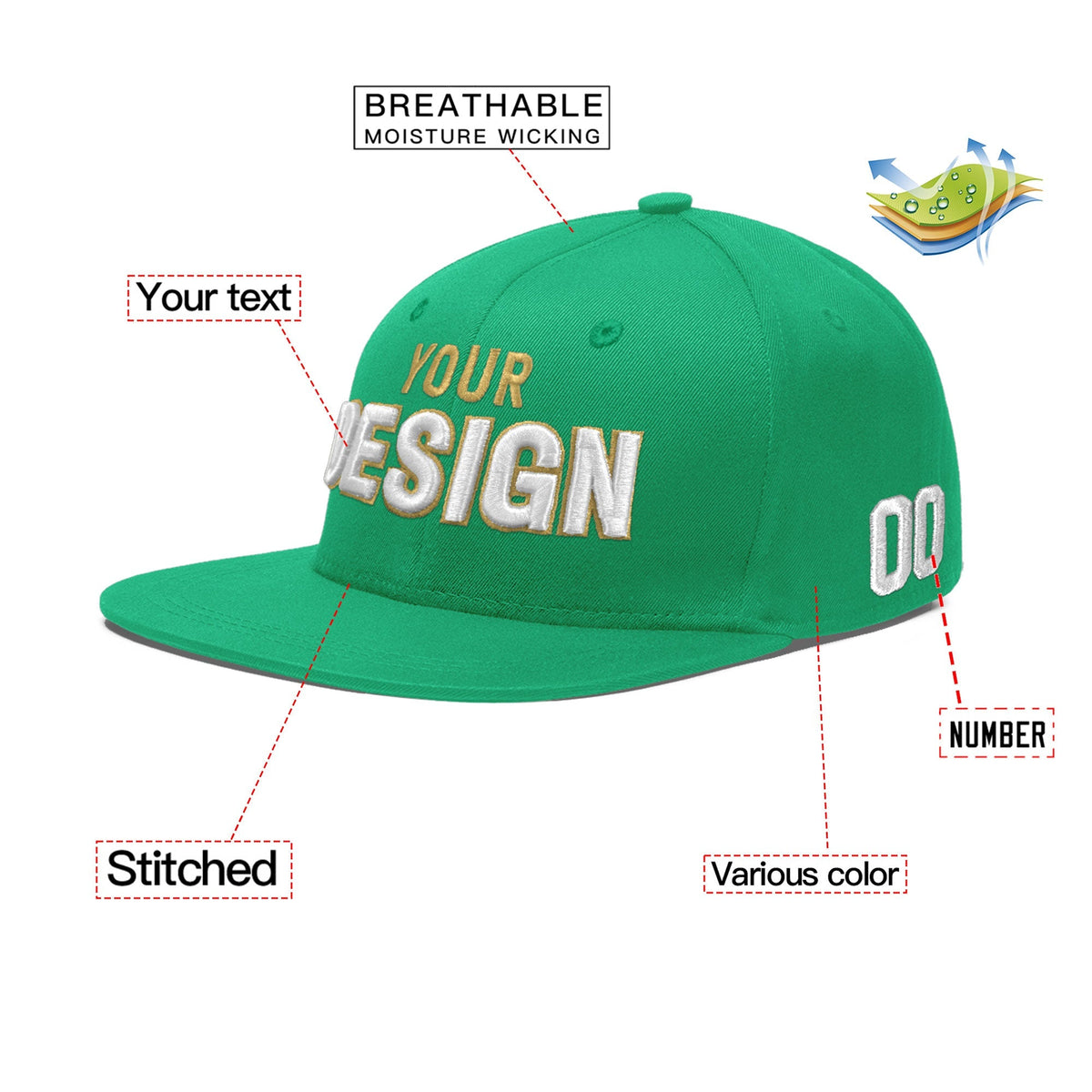 Custom Aqua 3D Puff Embroidery Flat Embroidery Casual Sport Baseball Cap