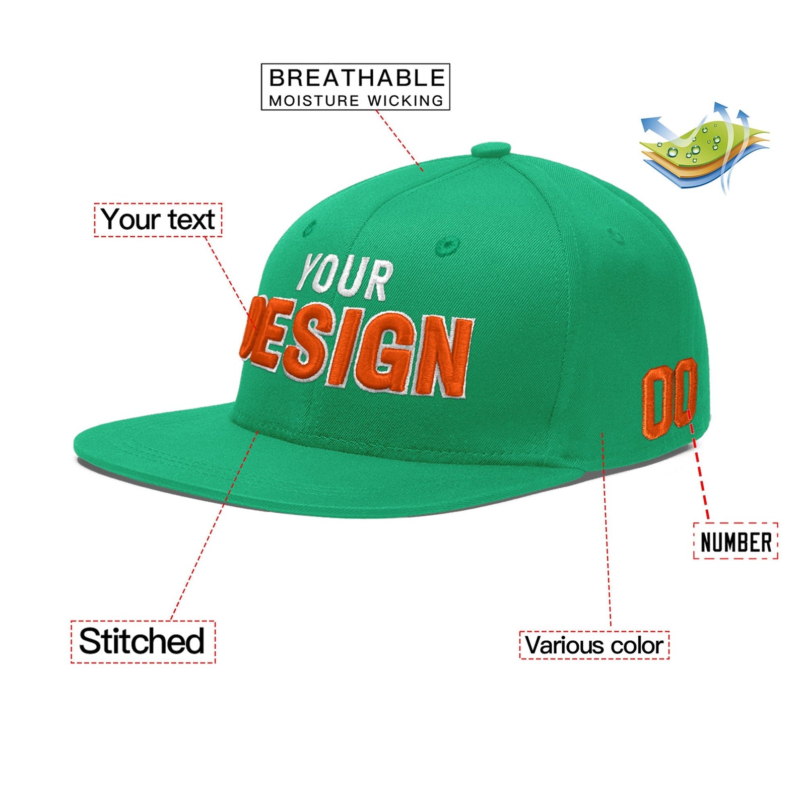 Custom Aqua 3D Puff Embroidery Flat Embroidery Casual Sport Baseball Cap