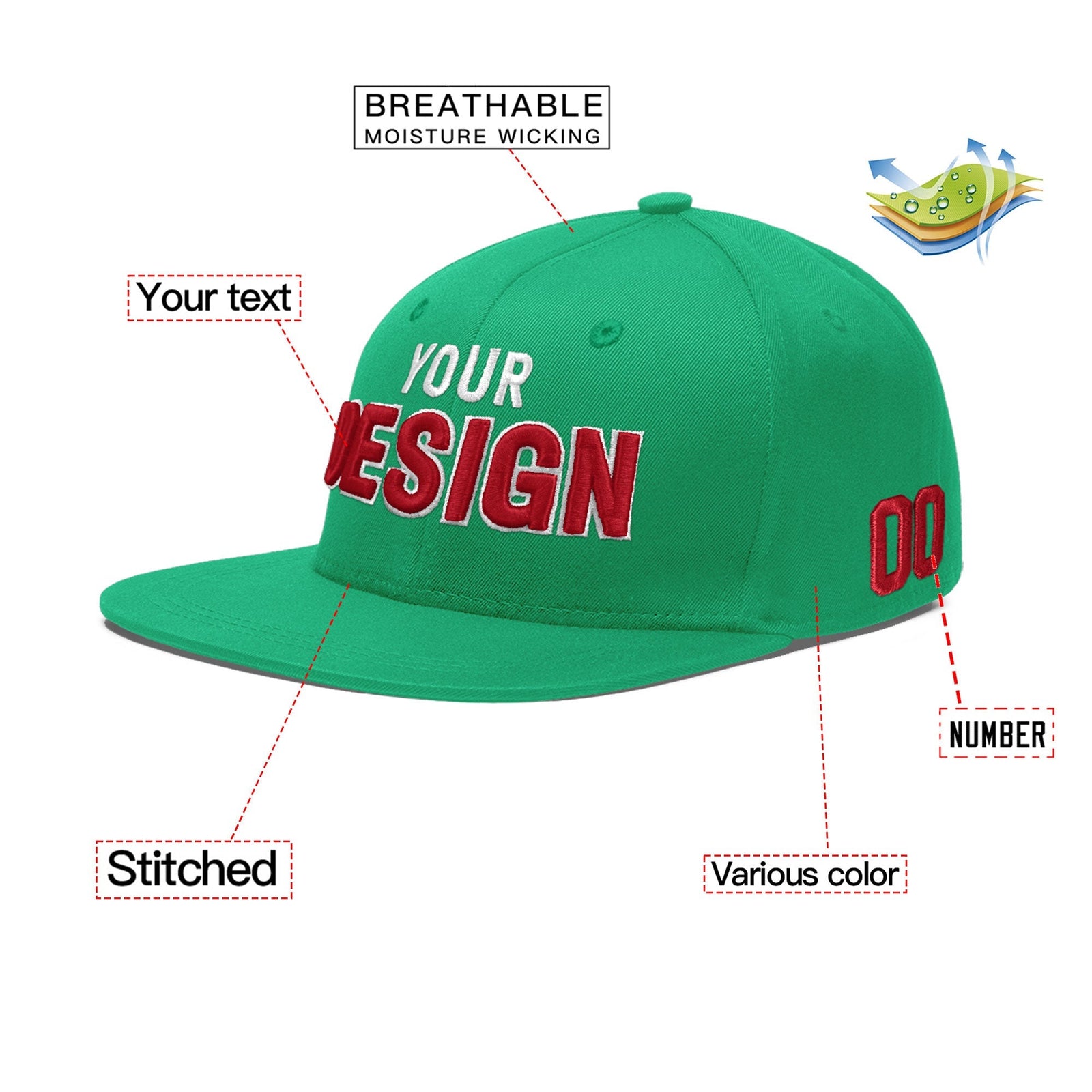Custom Aqua 3D Puff Embroidery Flat Embroidery Casual Sport Baseball Cap