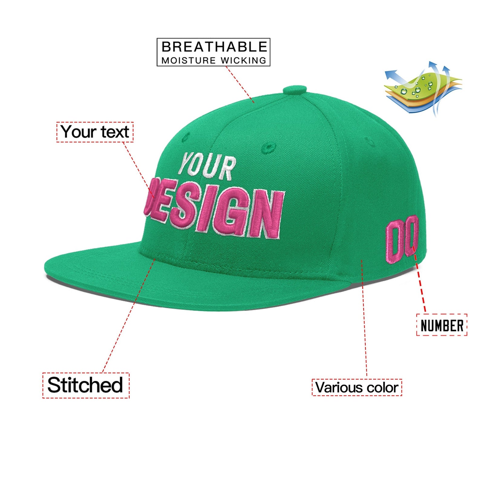 Custom Aqua 3D Puff Embroidery Flat Embroidery Casual Sport Baseball Cap