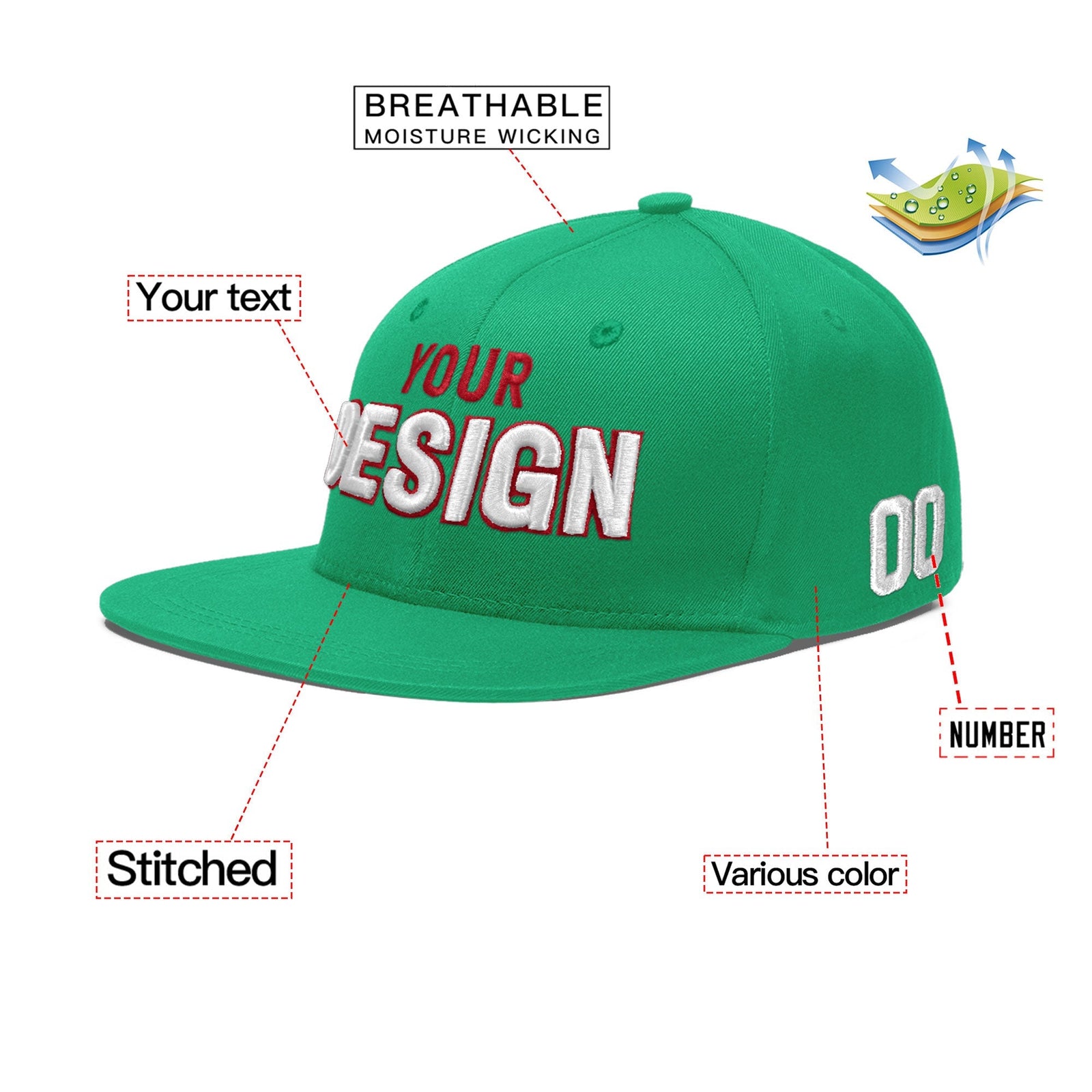 Custom Aqua 3D Puff Embroidery Flat Embroidery Casual Sport Baseball Cap