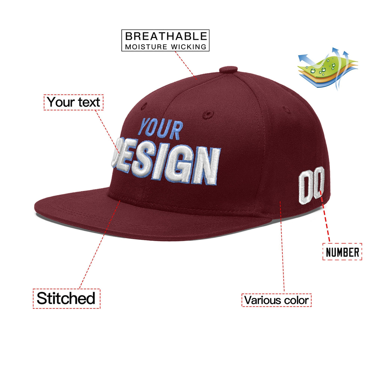 Custom Maroon 3D Puff Embroidery Flat Embroidery Casual Sport Baseball Cap
