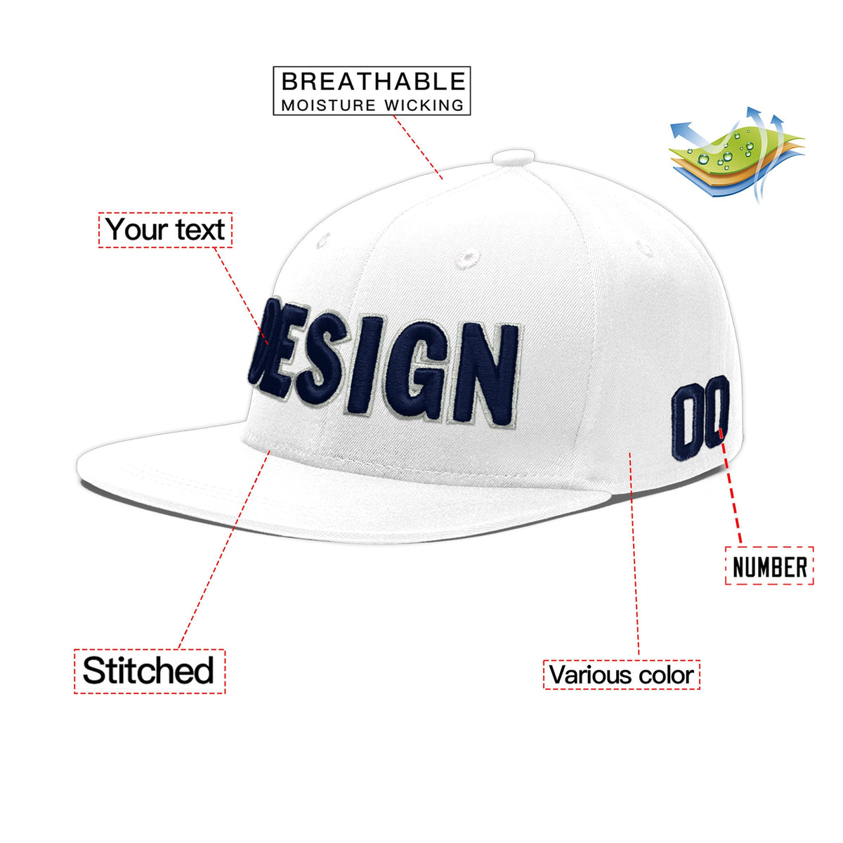 Custom White 3D Puff Embroidery Flat Embroidery Casual Sport Baseball Cap