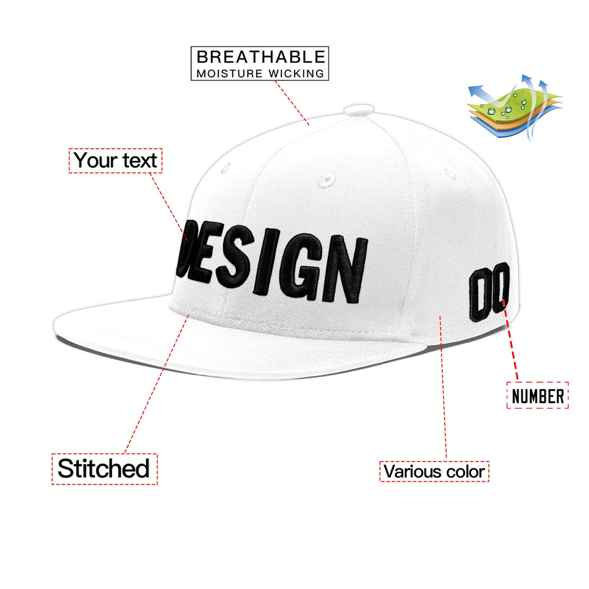 Custom White 3D Puff Embroidery Flat Embroidery Casual Sport Baseball Cap