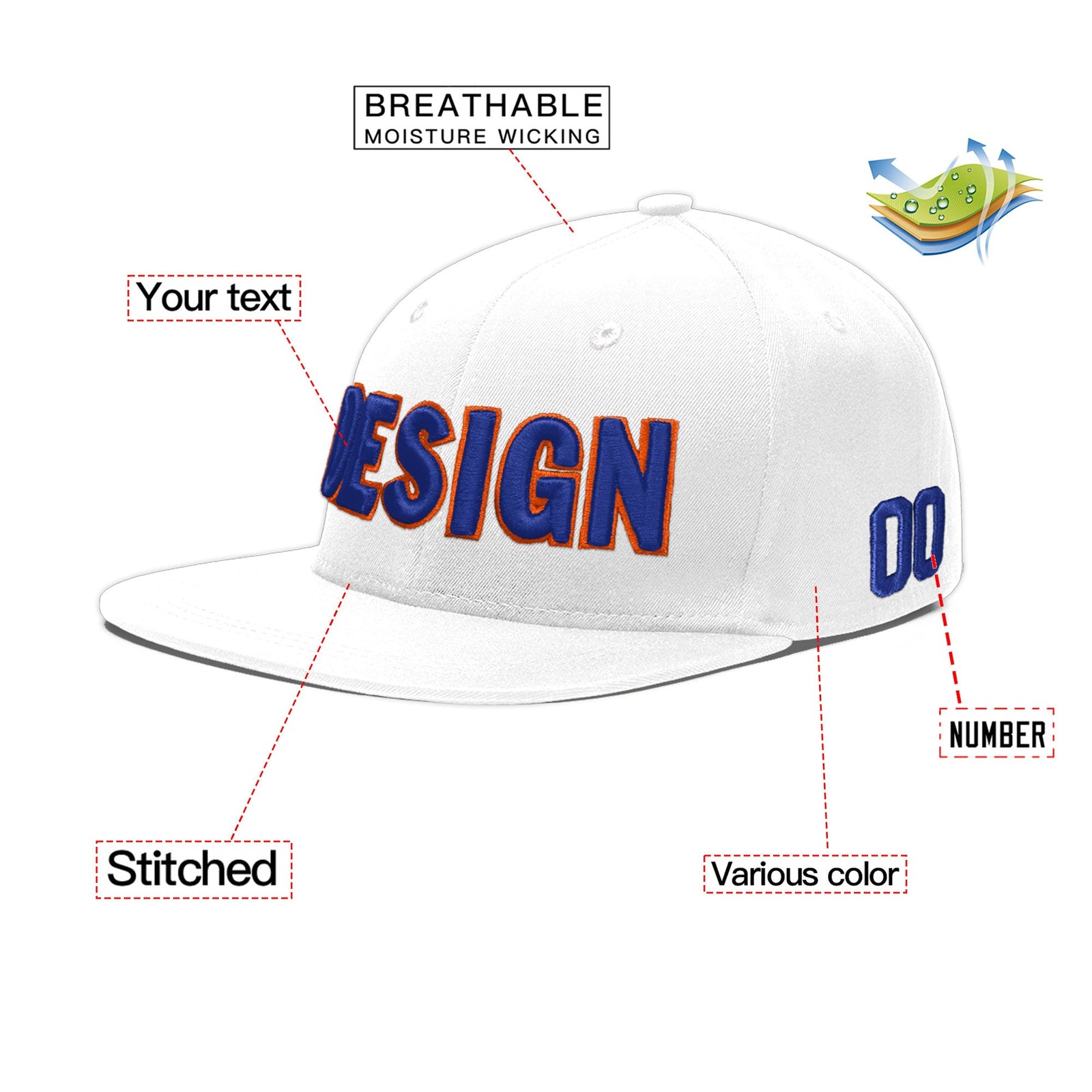 Custom White 3D Puff Embroidery Flat Embroidery Casual Sport Baseball Cap
