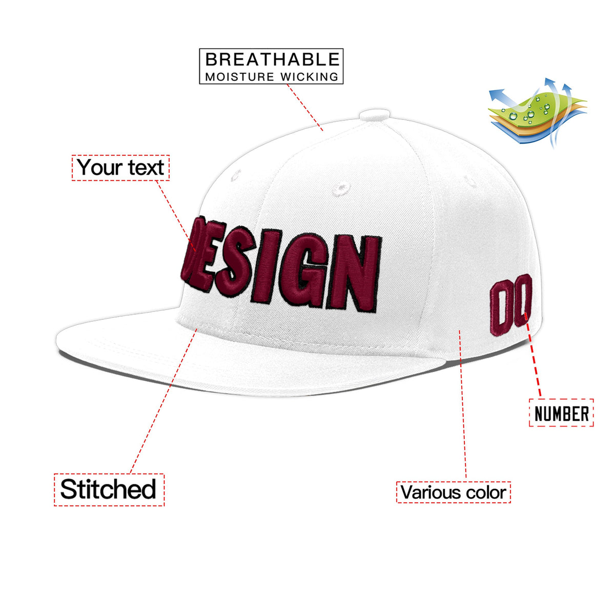 Custom White 3D Puff Embroidery Flat Embroidery Casual Sport Baseball Cap