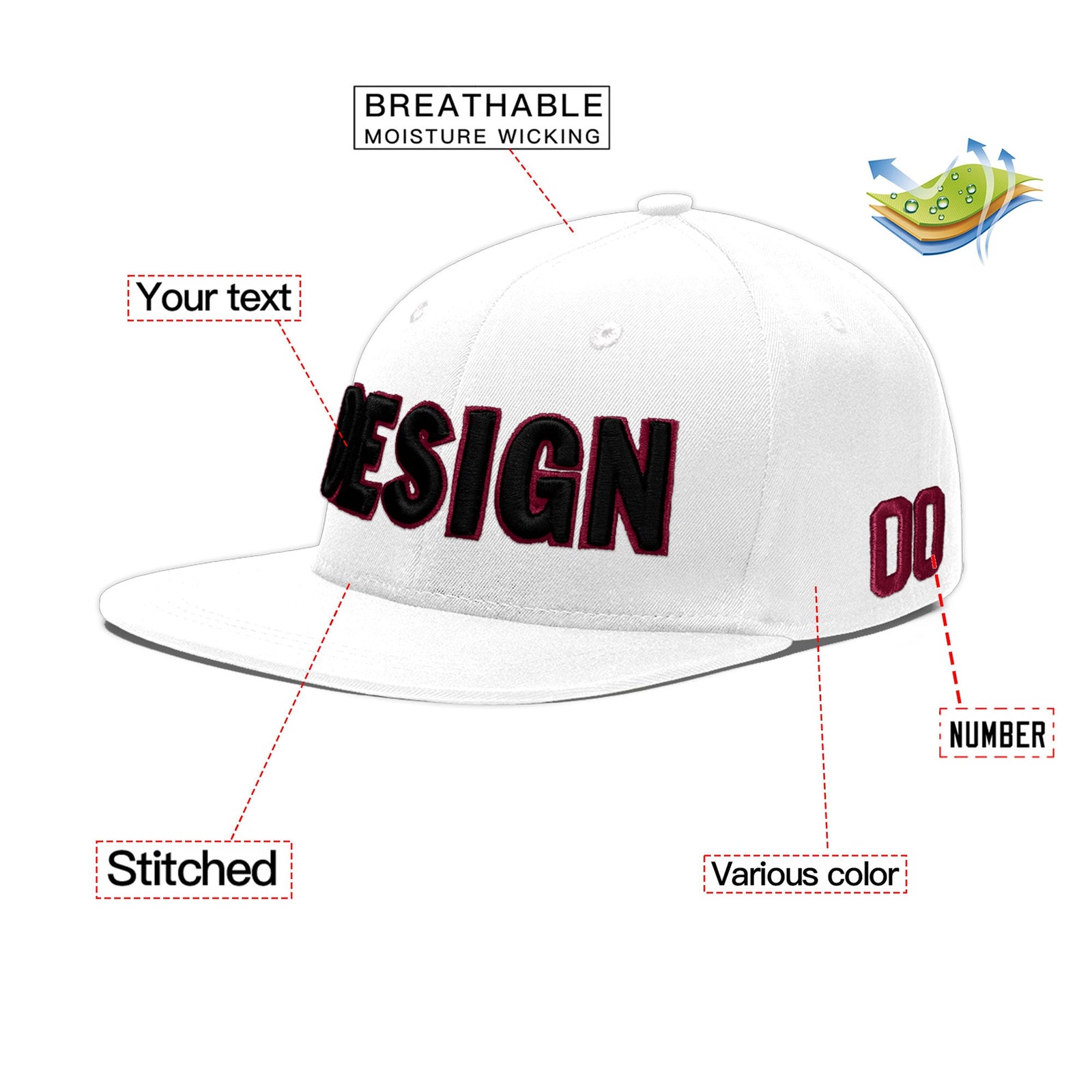 Custom White 3D Puff Embroidery Flat Embroidery Casual Sport Baseball Cap