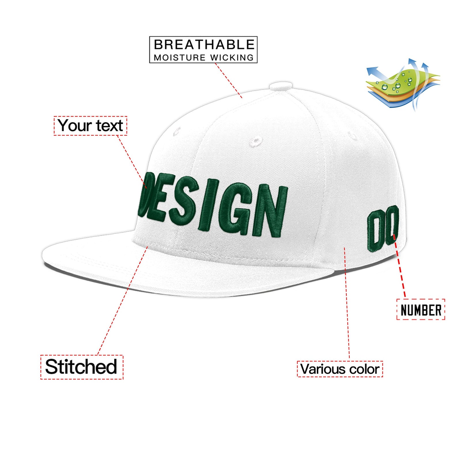 Custom White 3D Puff Embroidery Flat Embroidery Casual Sport Baseball Cap