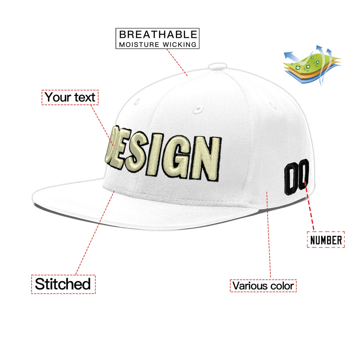 Custom White 3D Puff Embroidery Flat Embroidery Casual Sport Baseball Cap