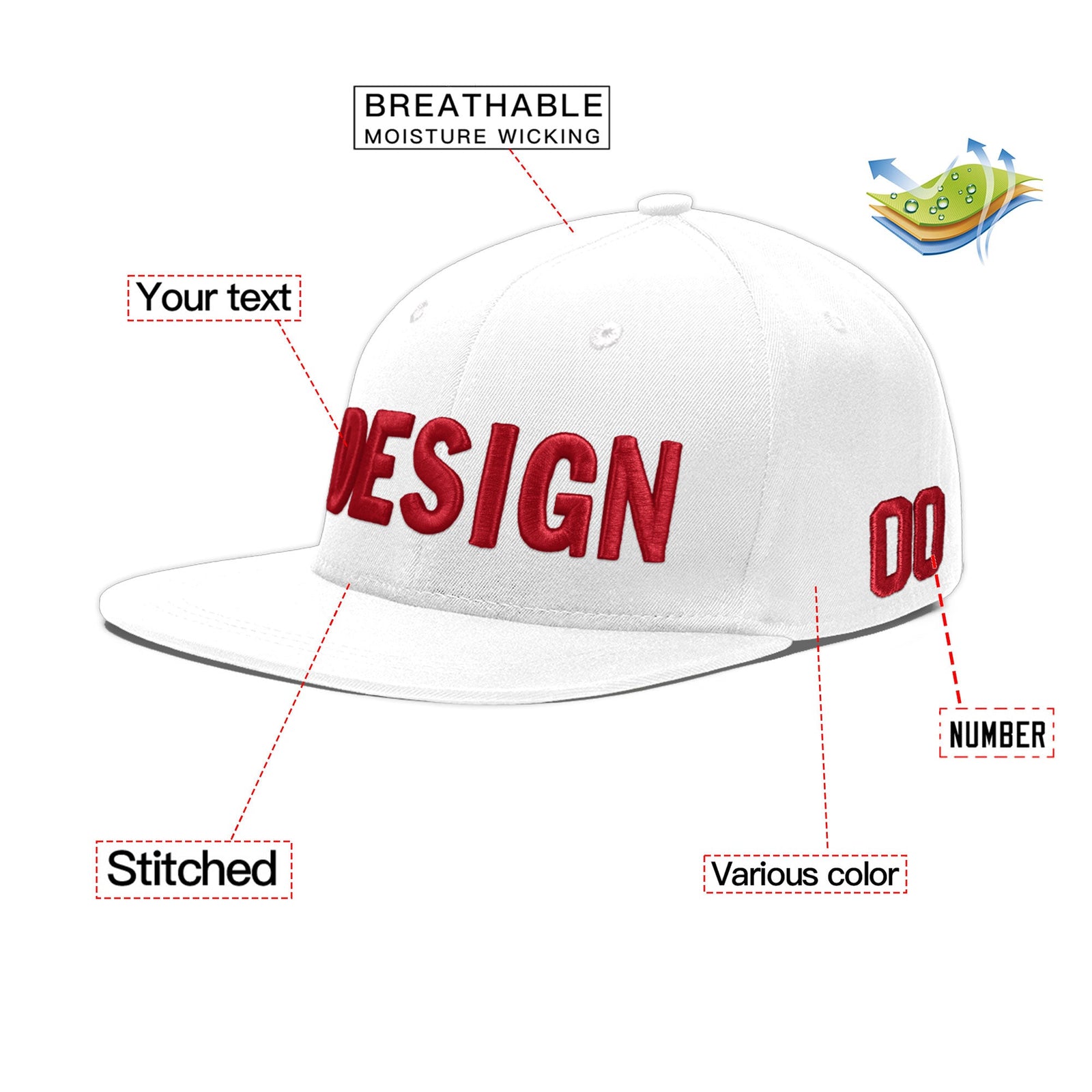 Custom White 3D Puff Embroidery Flat Embroidery Casual Sport Baseball Cap