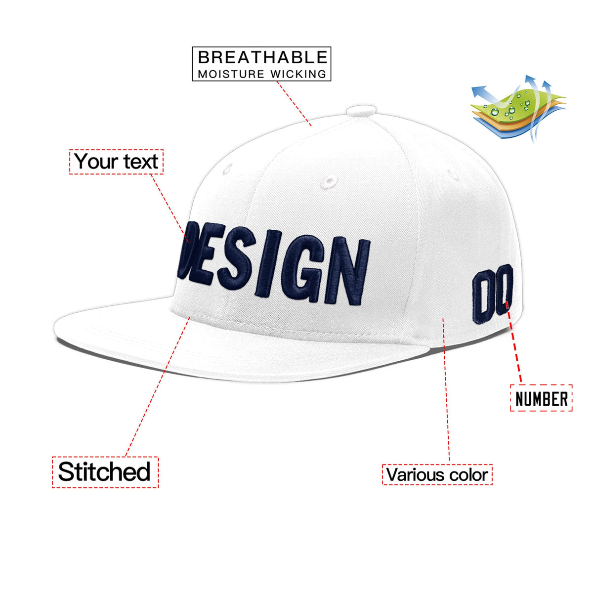 Custom White 3D Puff Embroidery Flat Embroidery Casual Sport Baseball Cap