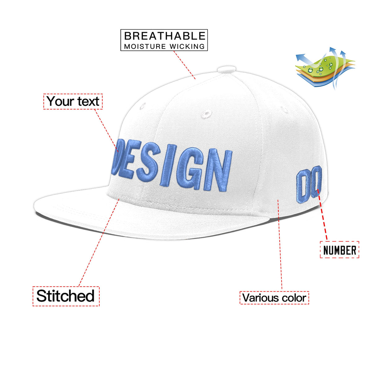 Custom White 3D Puff Embroidery Flat Embroidery Casual Sport Baseball Cap