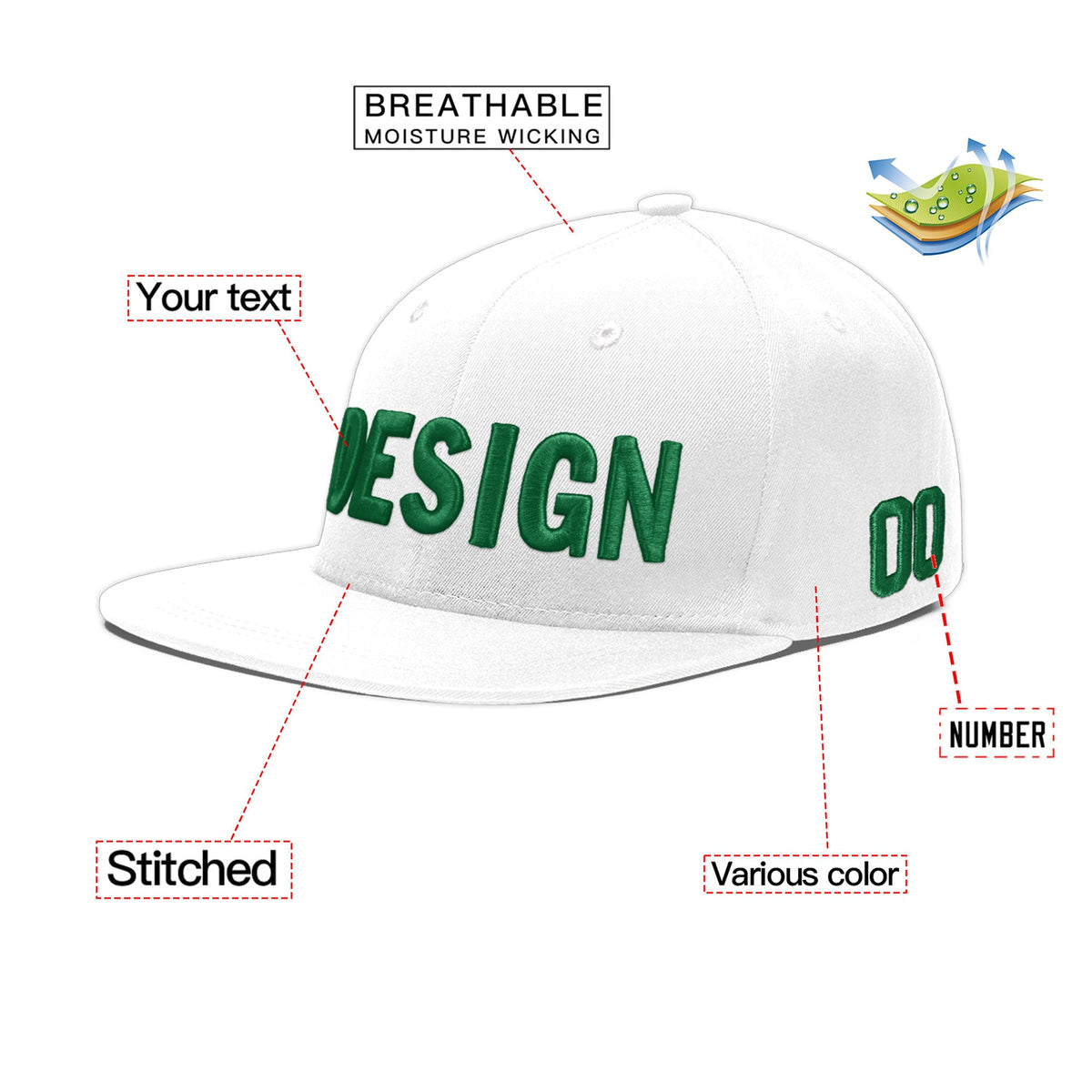 Custom White 3D Puff Embroidery Flat Embroidery Casual Sport Baseball Cap