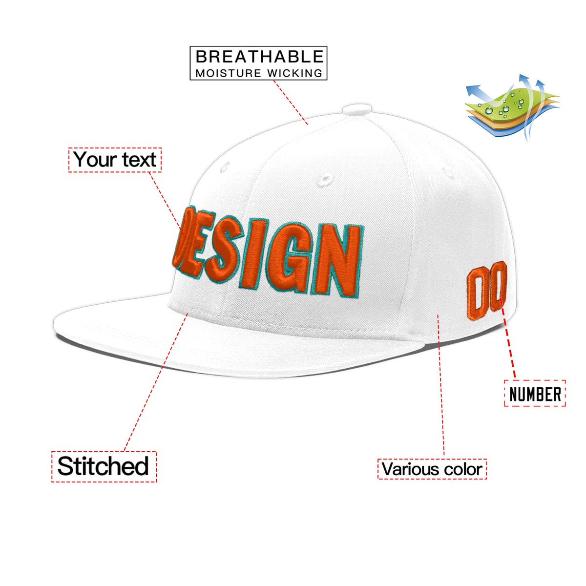 Custom White 3D Puff Embroidery Flat Embroidery Casual Sport Baseball Cap