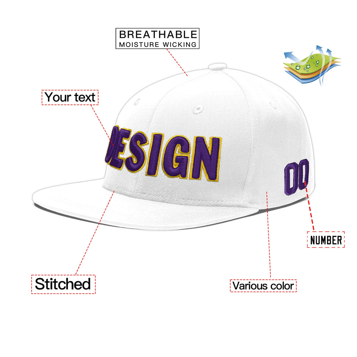 Custom White 3D Puff Embroidery Flat Embroidery Casual Sport Baseball Cap
