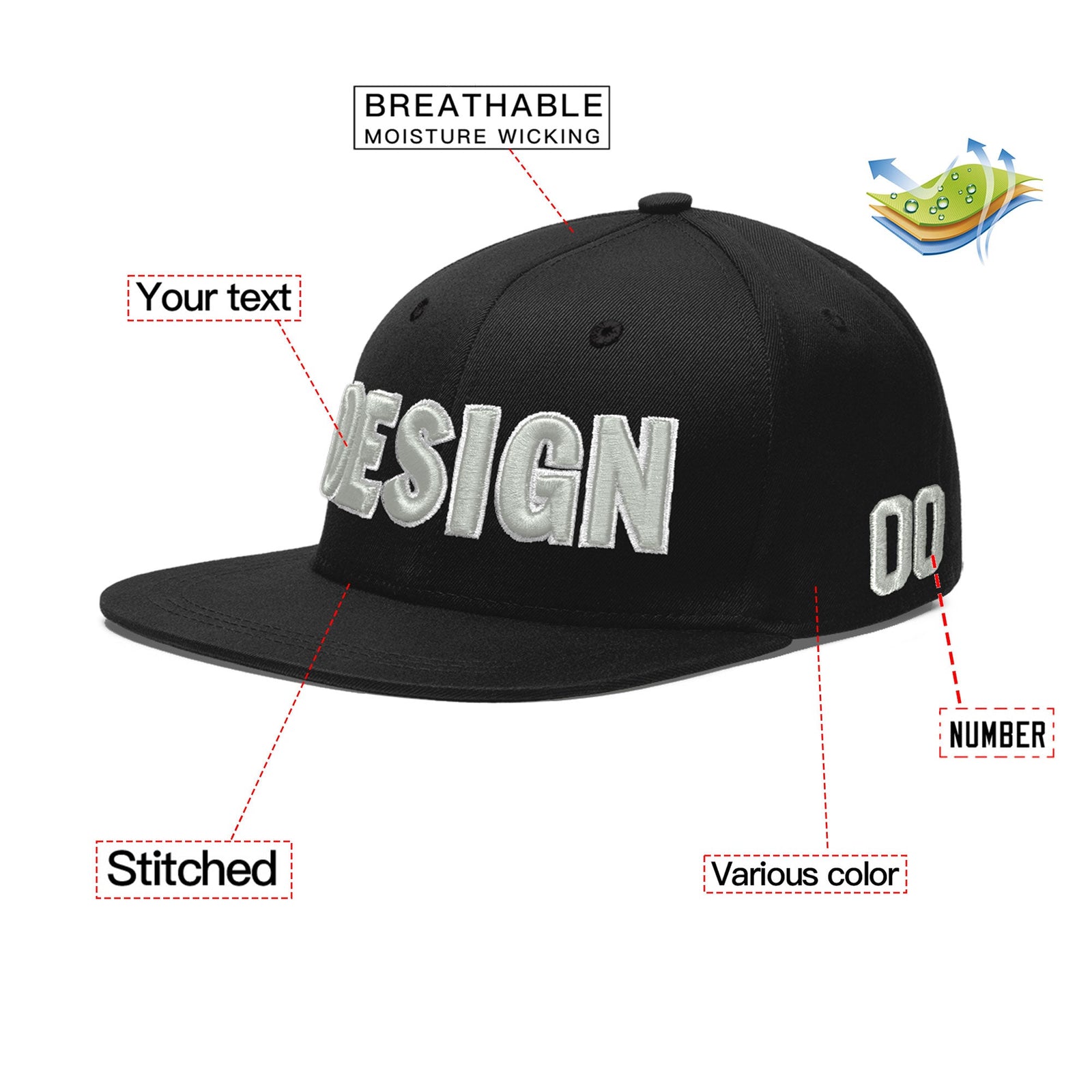 Custom Black 3D Puff Embroidery Flat Embroidery Casual Sport Baseball Cap