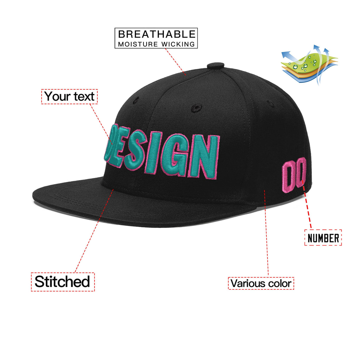 Custom Black 3D Puff Embroidery Flat Embroidery Casual Sport Baseball Cap