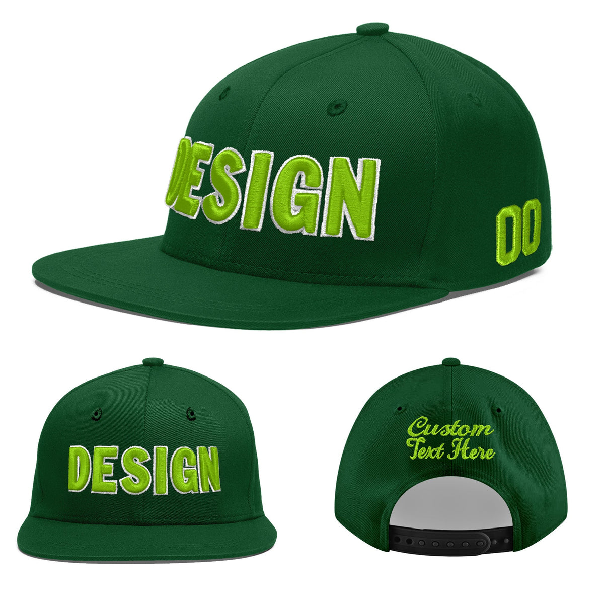 Custom Green 3D Puff Embroidery Flat Embroidery Casual Sport Baseball Cap