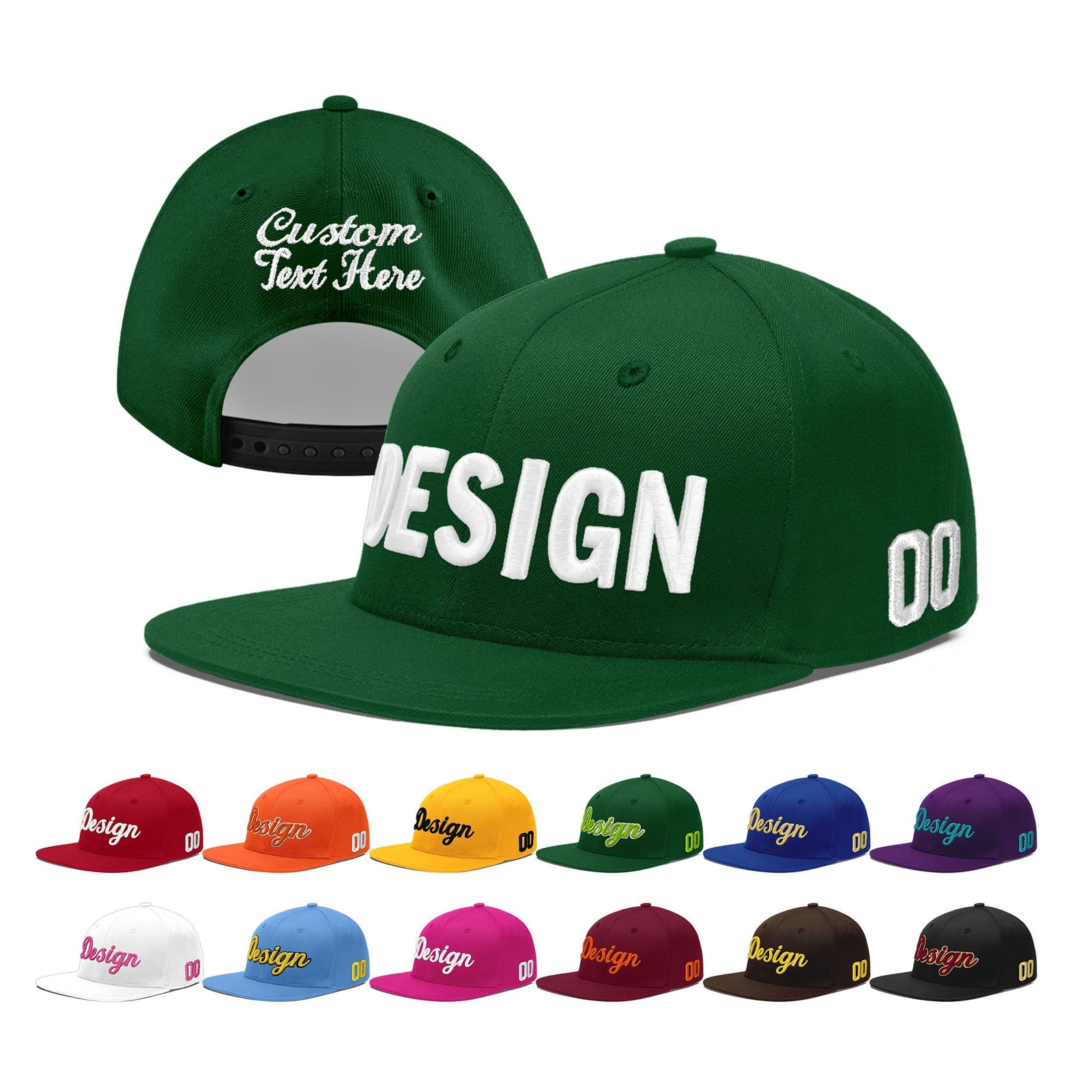 Custom Green 3D Puff Embroidery Flat Embroidery Casual Sport Baseball Cap