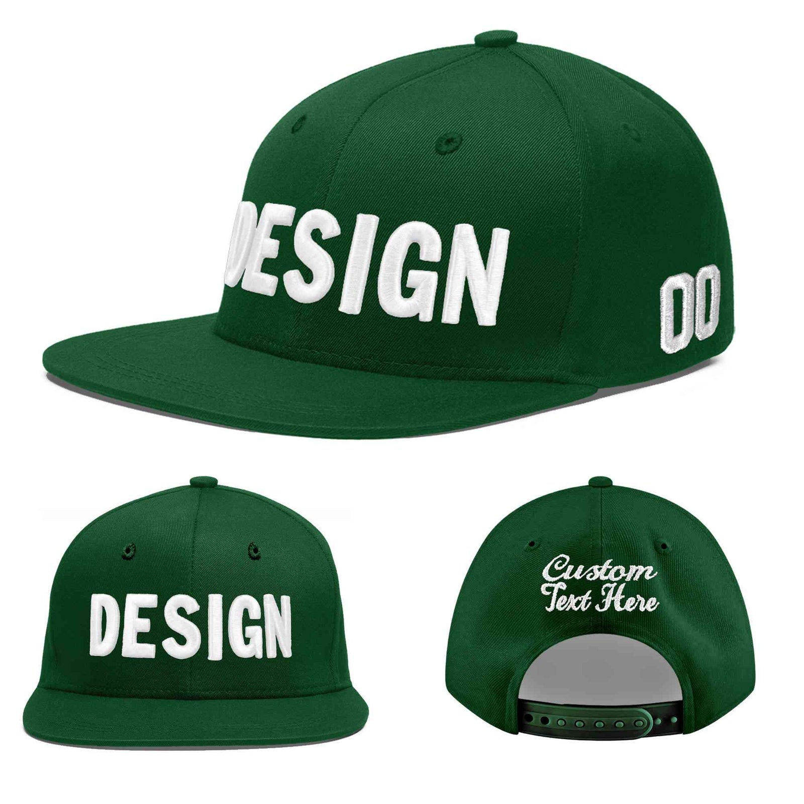 Custom Green 3D Puff Embroidery Flat Embroidery Casual Sport Baseball Cap