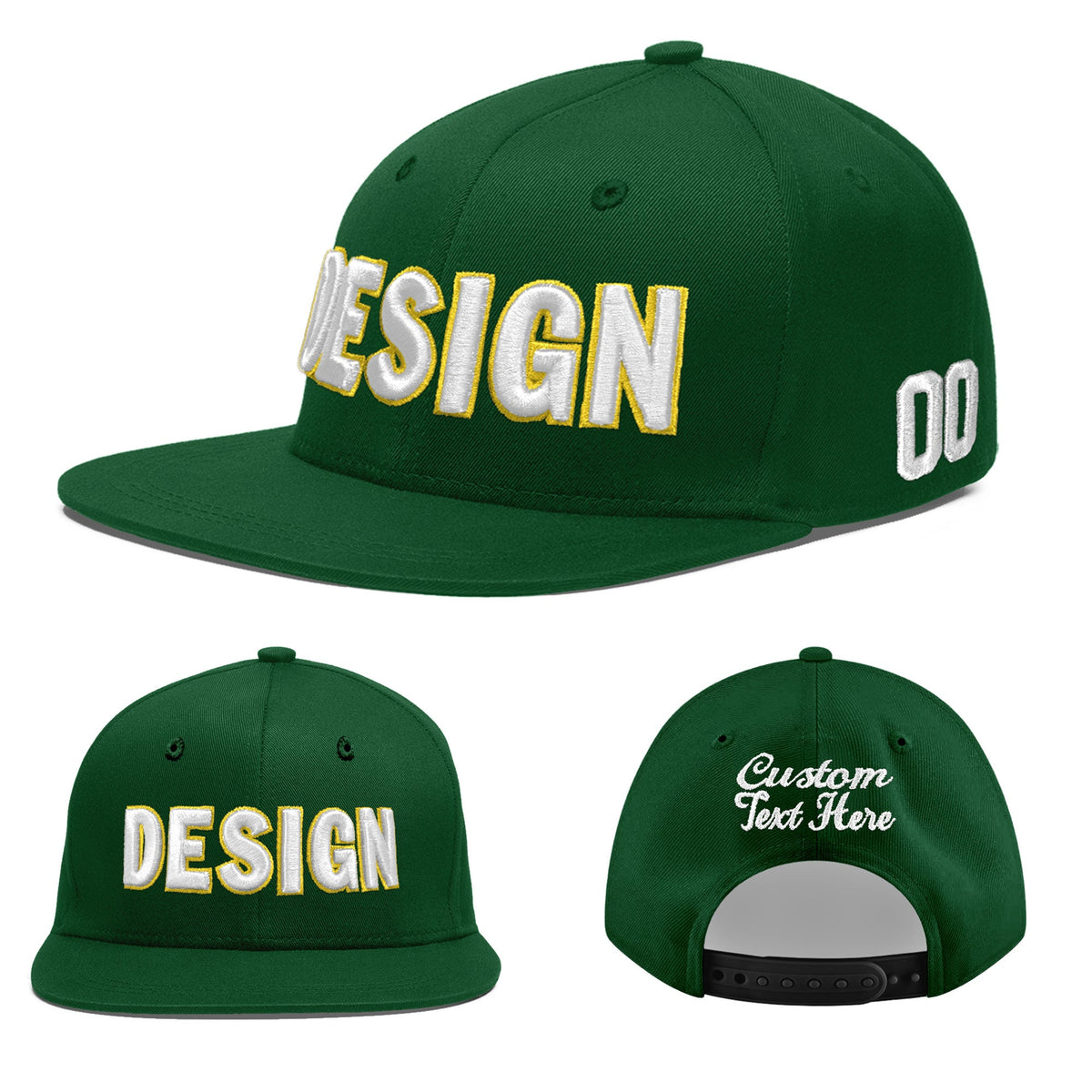 Custom Green 3D Puff Embroidery Flat Embroidery Casual Sport Baseball Cap