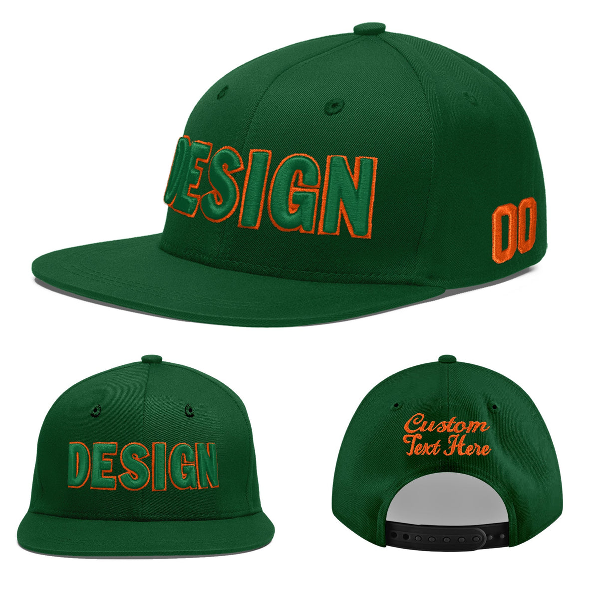 Custom Green 3D Puff Embroidery Flat Embroidery Casual Sport Baseball Cap