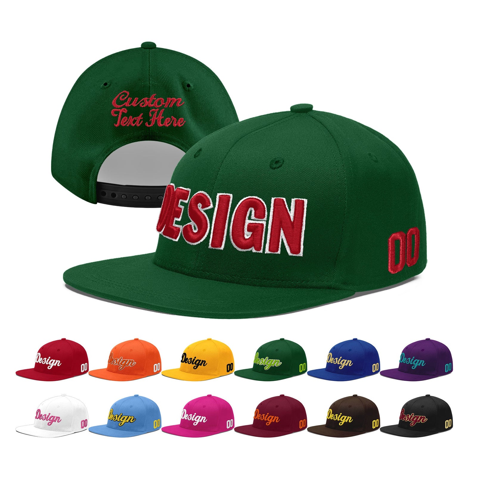 Custom Green 3D Puff Embroidery Flat Embroidery Casual Sport Baseball Cap