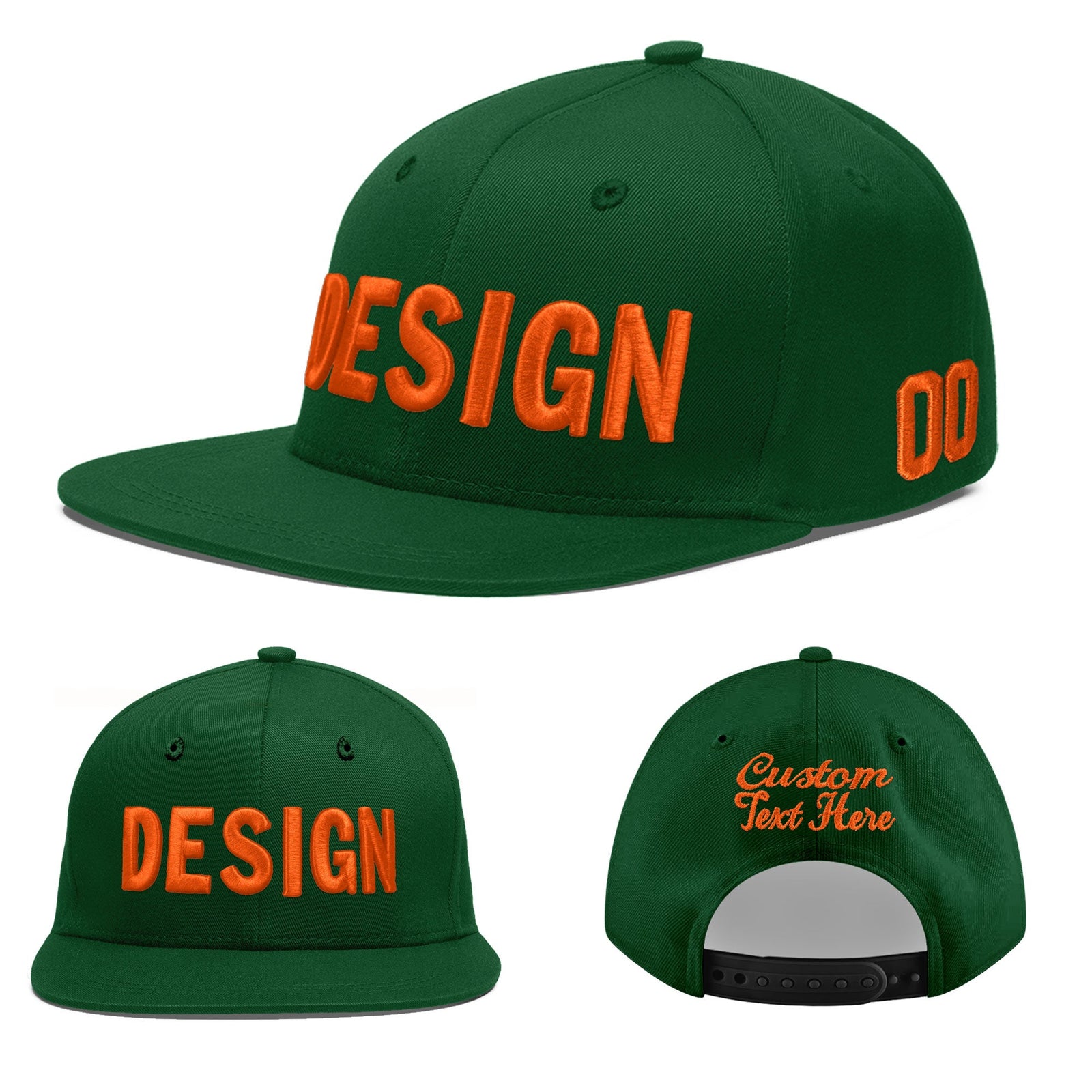 Custom Green 3D Puff Embroidery Flat Embroidery Casual Sport Baseball Cap