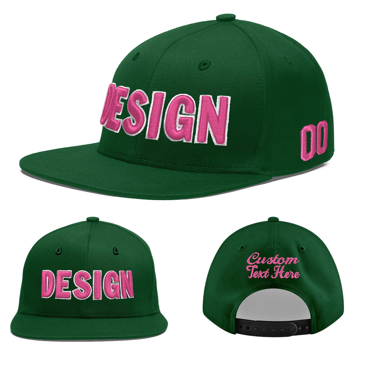 Custom Green 3D Puff Embroidery Flat Embroidery Casual Sport Baseball Cap