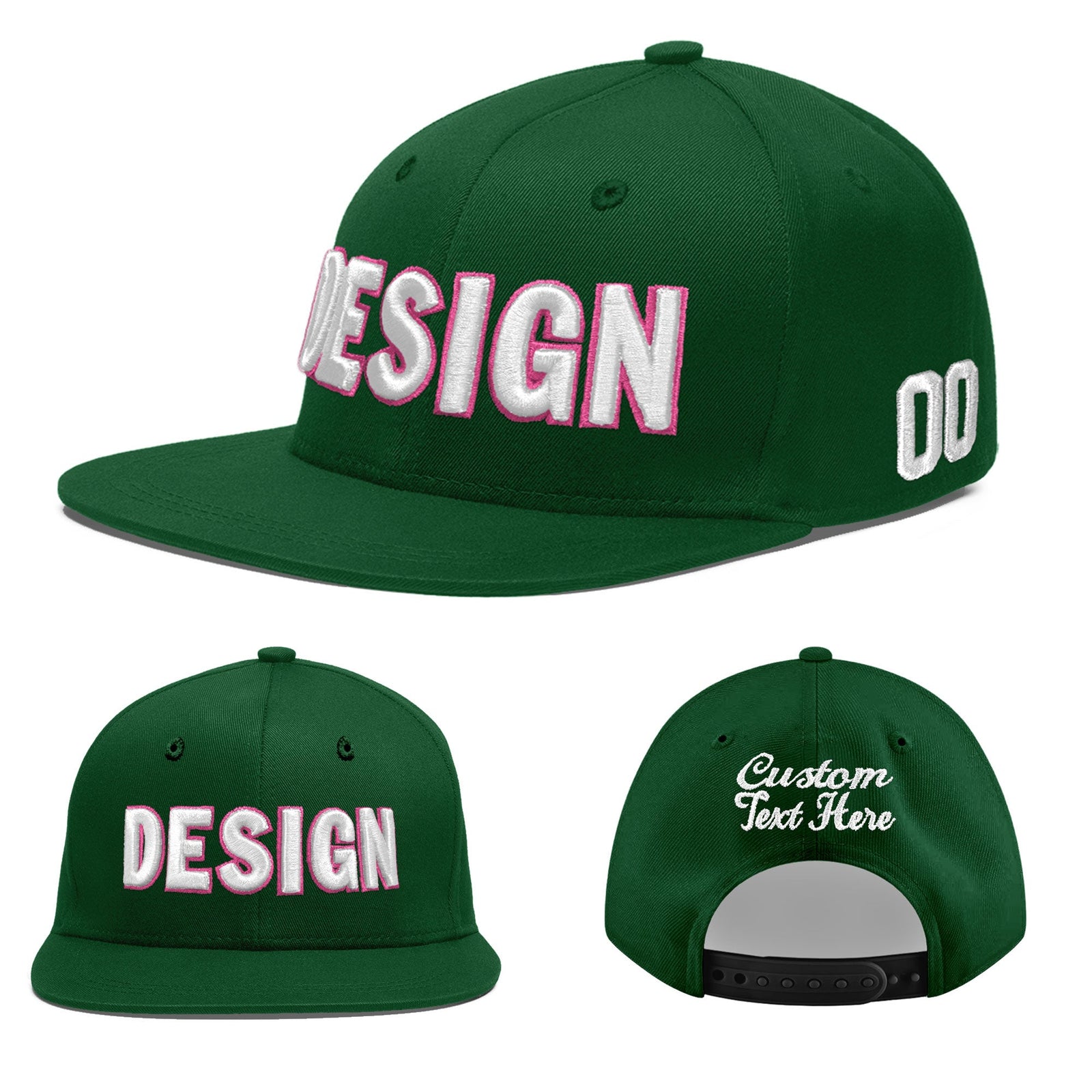 Custom Green 3D Puff Embroidery Flat Embroidery Casual Sport Baseball Cap