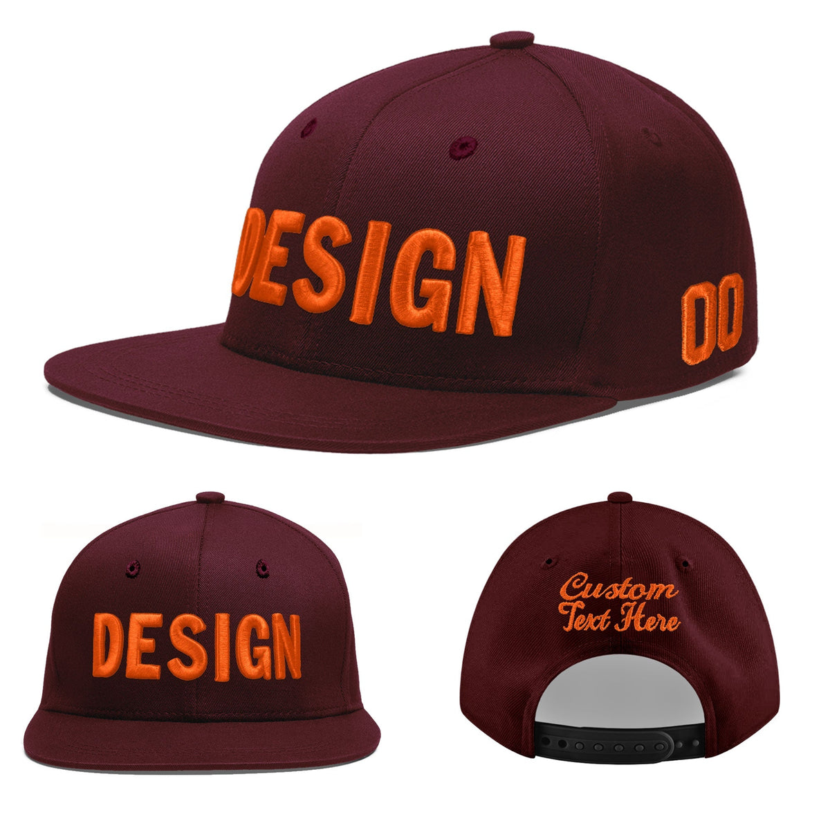 Custom Burgundy 3D Puff Embroidery Flat Embroidery Casual Sport Baseball Cap