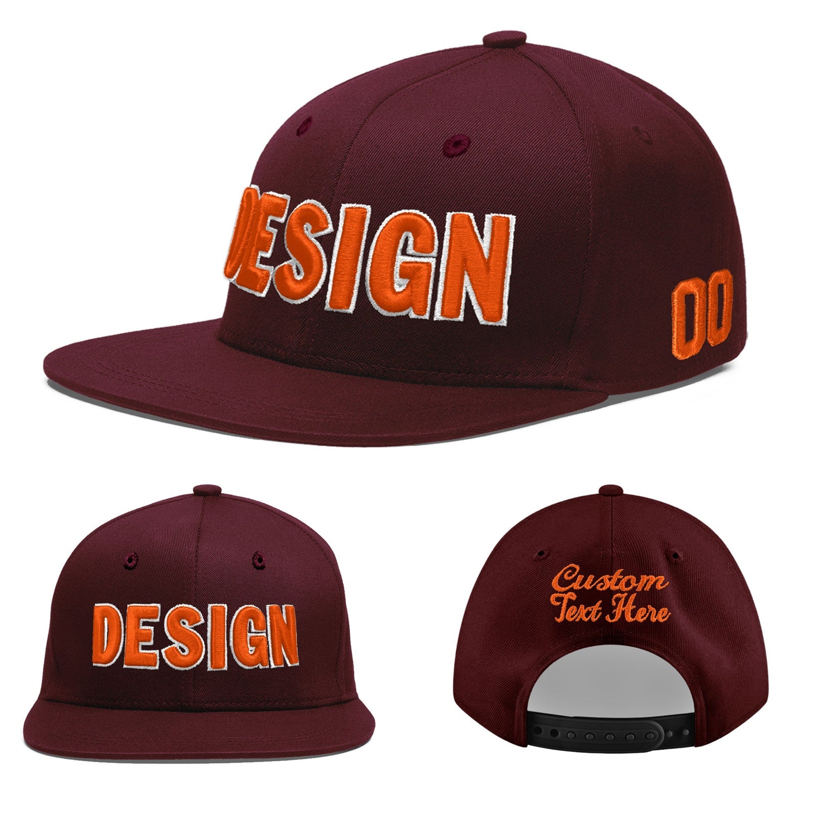 Custom Burgundy 3D Puff Embroidery Flat Embroidery Casual Sport Baseball Cap