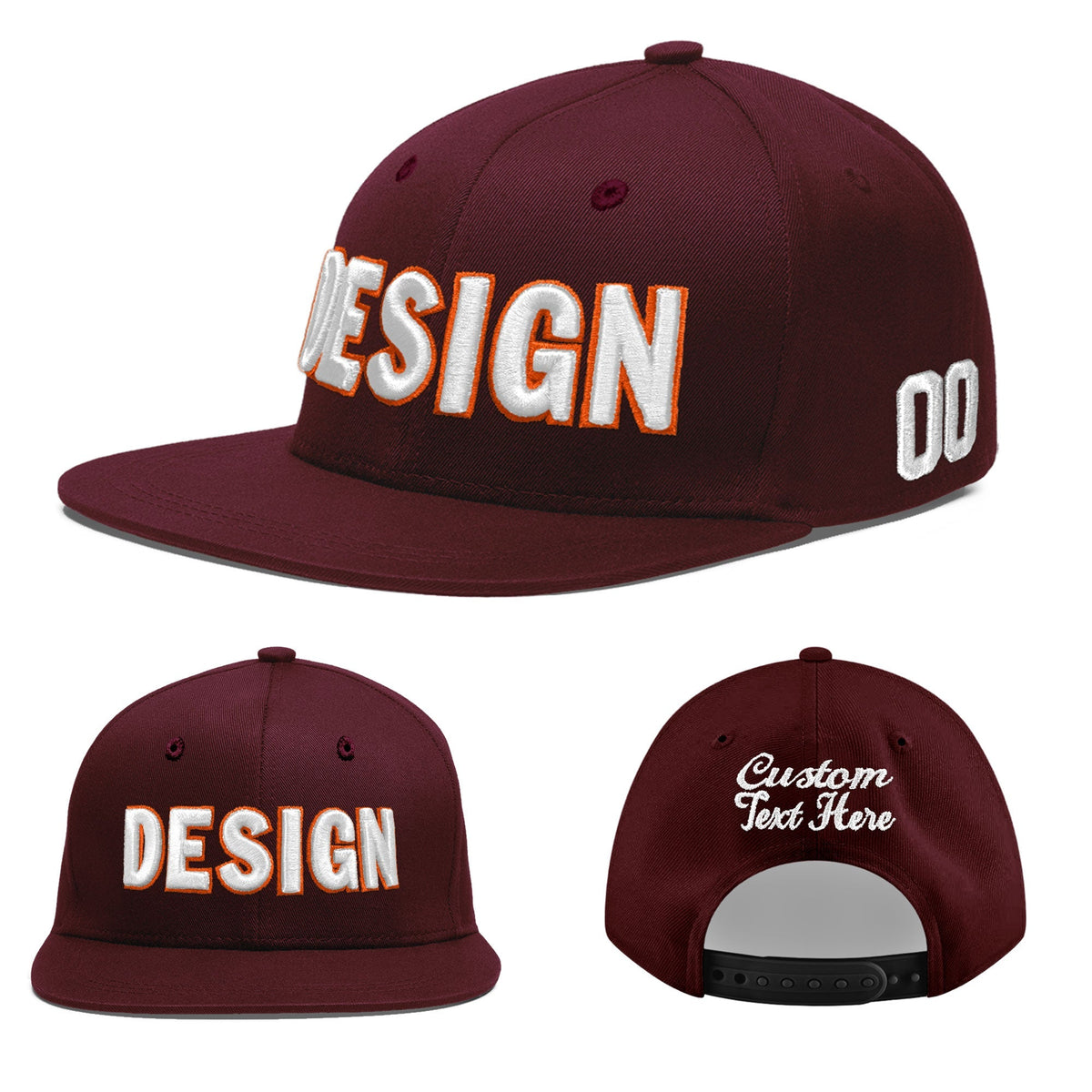 Custom Burgundy 3D Puff Embroidery Flat Embroidery Casual Sport Baseball Cap
