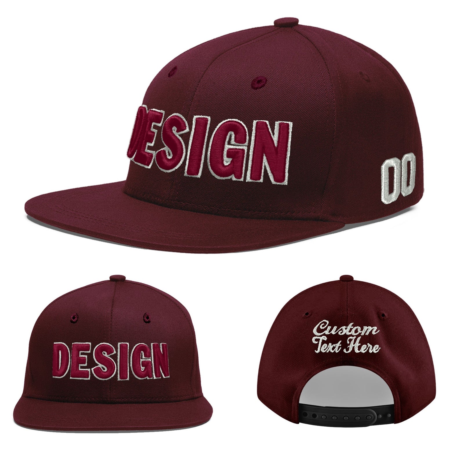 Custom Burgundy 3D Puff Embroidery Flat Embroidery Casual Sport Baseball Cap