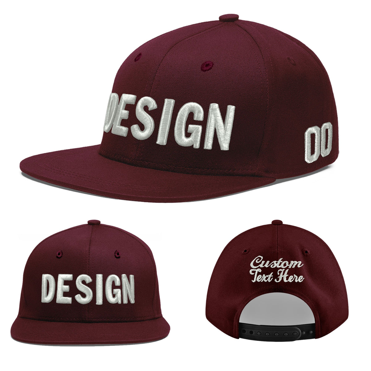 Custom Burgundy 3D Puff Embroidery Flat Embroidery Casual Sport Baseball Cap