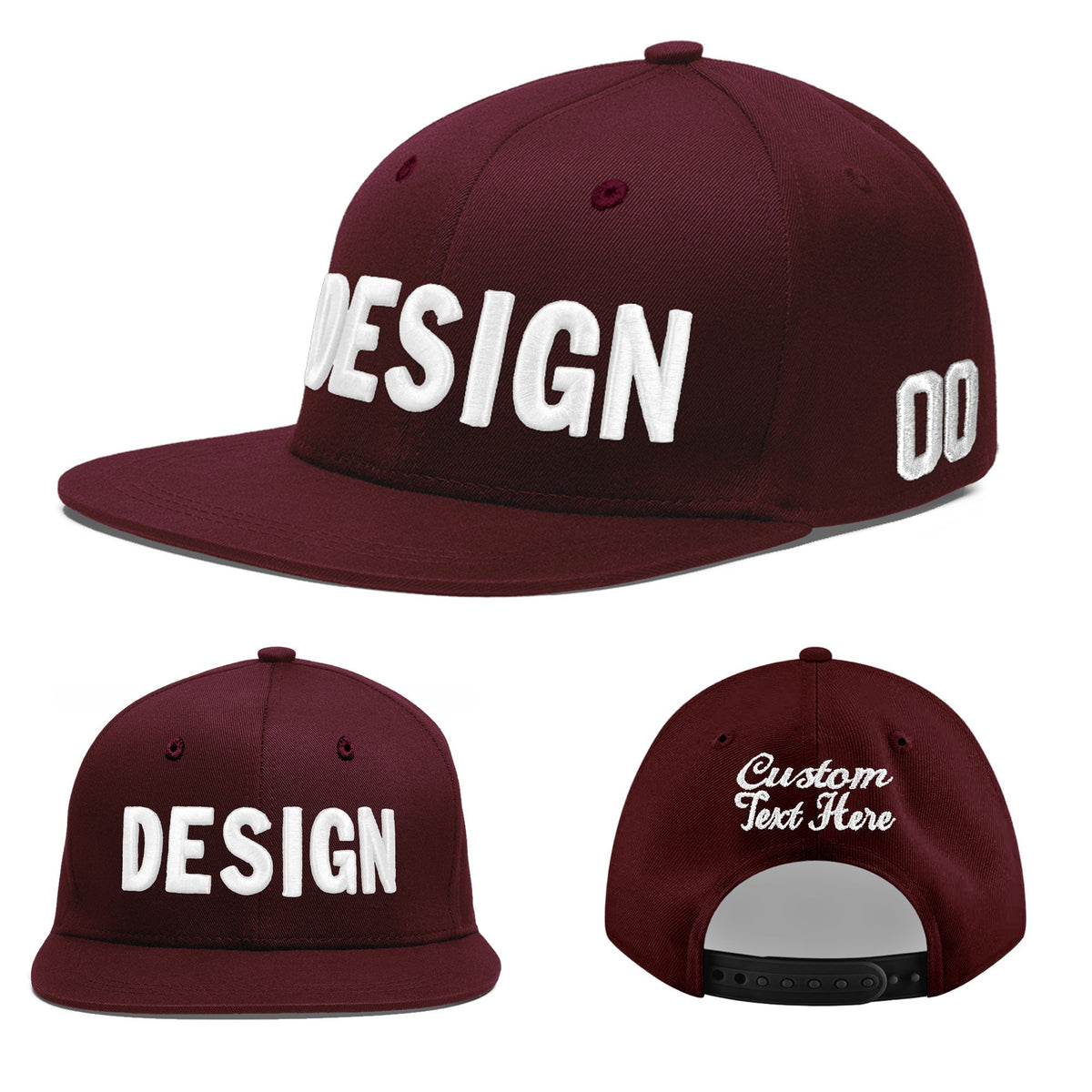 Custom Burgundy 3D Puff Embroidery Flat Embroidery Casual Sport Baseball Cap