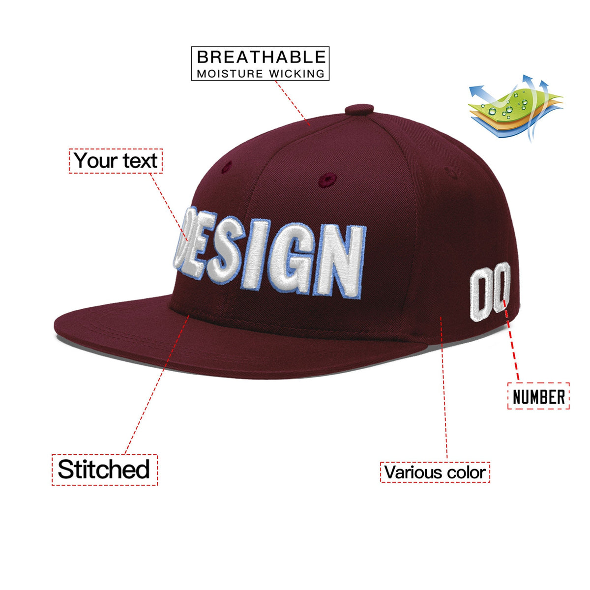 Custom Burgundy 3D Puff Embroidery Flat Embroidery Casual Sport Baseball Cap