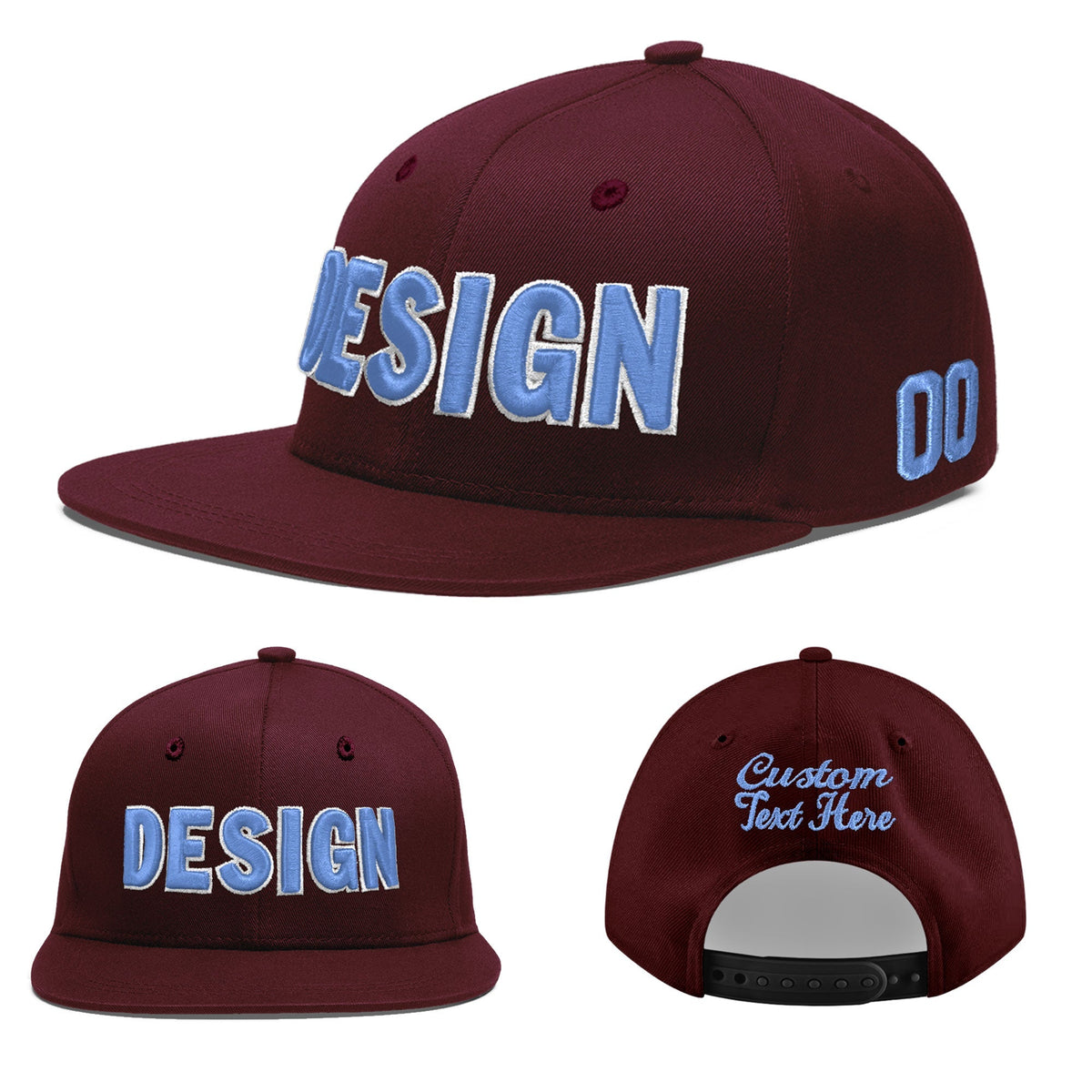 Custom Burgundy 3D Puff Embroidery Flat Embroidery Casual Sport Baseball Cap