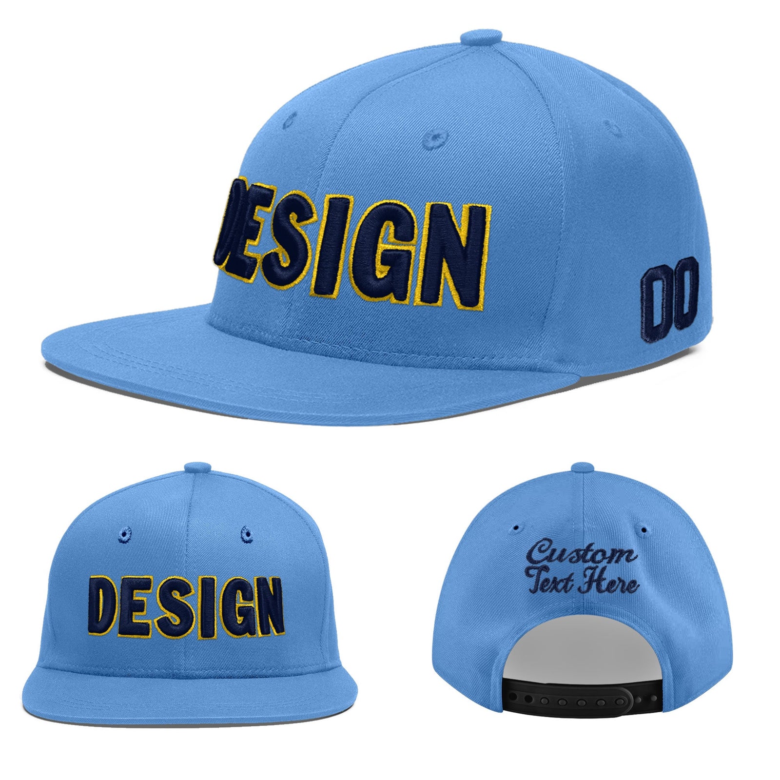 Custom Powder Blue 3D Puff Embroidery Flat Embroidery Casual Sport Baseball Cap