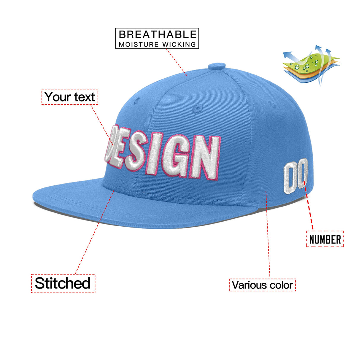 Custom Powder Blue 3D Puff Embroidery Flat Embroidery Casual Sport Baseball Cap