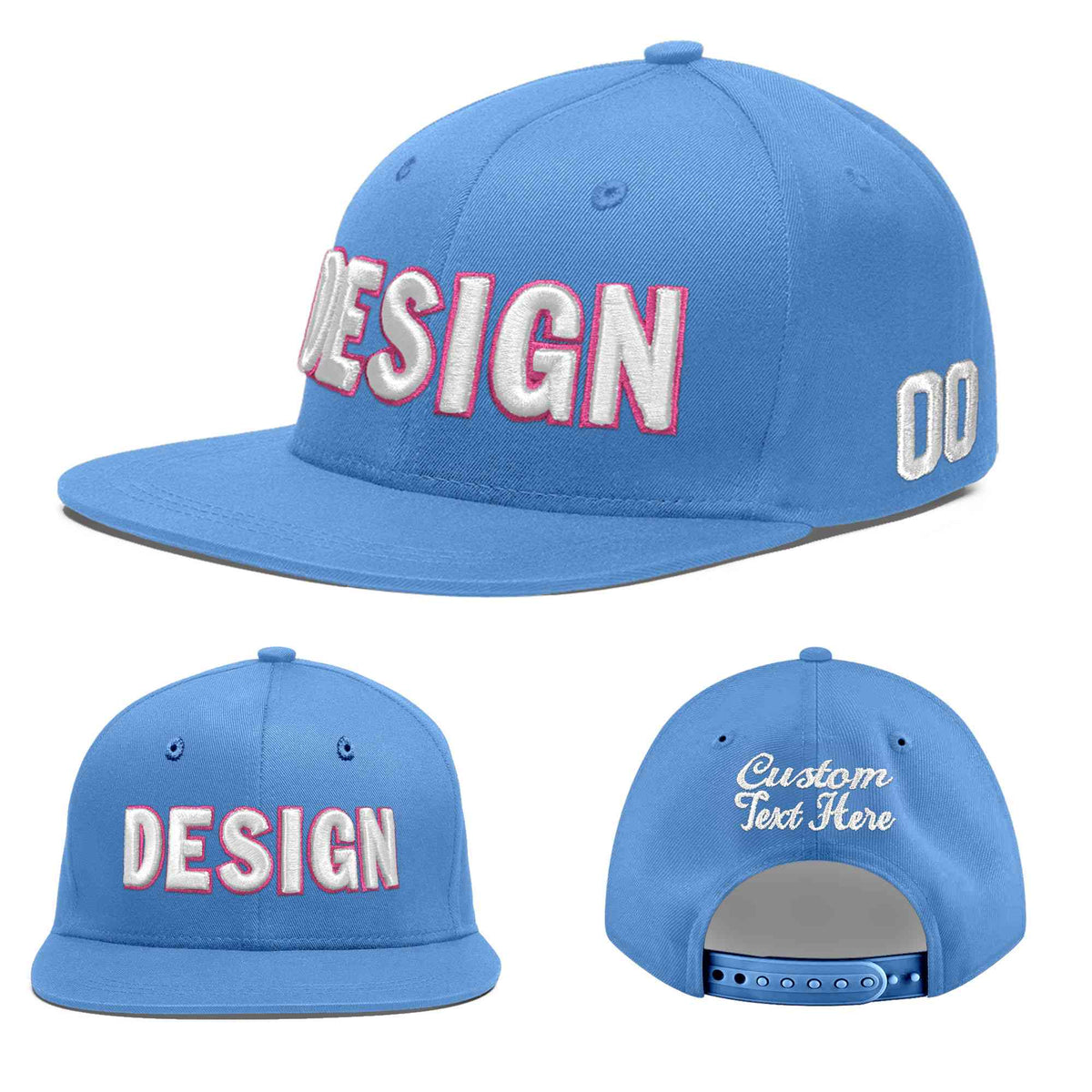 Custom Powder Blue 3D Puff Embroidery Flat Embroidery Casual Sport Baseball Cap