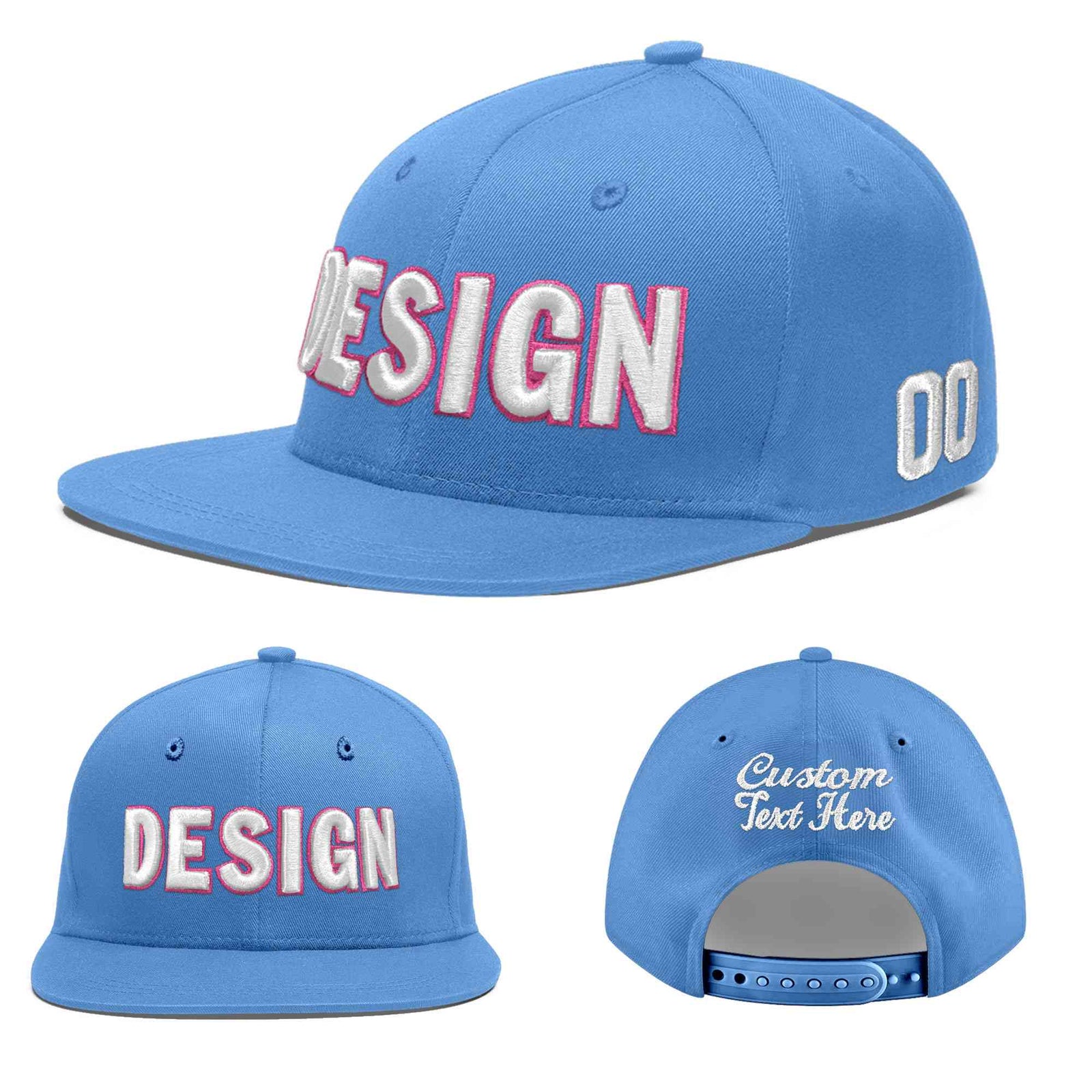 Custom Light Blue 3D Puff Embroidery Flat Embroidery Casual Sport Baseball Cap