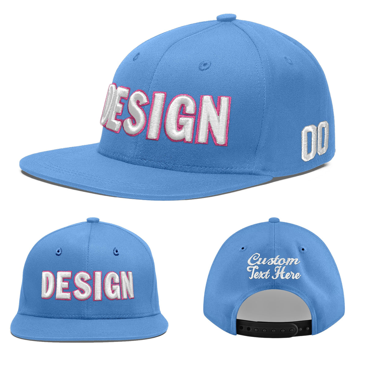 Custom Powder Blue 3D Puff Embroidery Flat Embroidery Casual Sport Baseball Cap